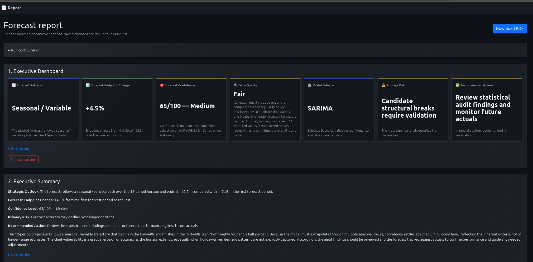 Forecast report interface showing the selected model, data quality, review findings, and an executive summary.